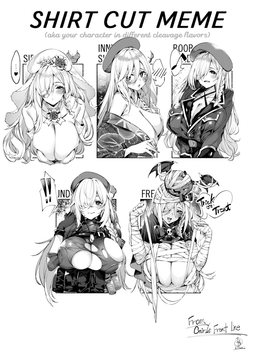 !, !!, 1girl, bandages, beret, braid, breasts, chart, cleavage_cutout, clothing_cutout, english_text, g36c_(burning-eyed_g36c)_(girls'_frontline), g36c_(girls'_frontline), g36c_(ode_to_summer)_(girls'_frontline), g36c_(red_beret)_(girls'_frontline), g36c_(you_who_steps_up)_(girls'_frontline), girls'_frontline, greyscale, hair_over_one_eye, hat, heart, highres, huge_breasts, iapoc, long_hair, meme, monochrome, multiple_drawing_challenge, official_alternate_costume, shirt_cut_meme, side_braid, speech_bubble, spoken_heart, torn_clothes