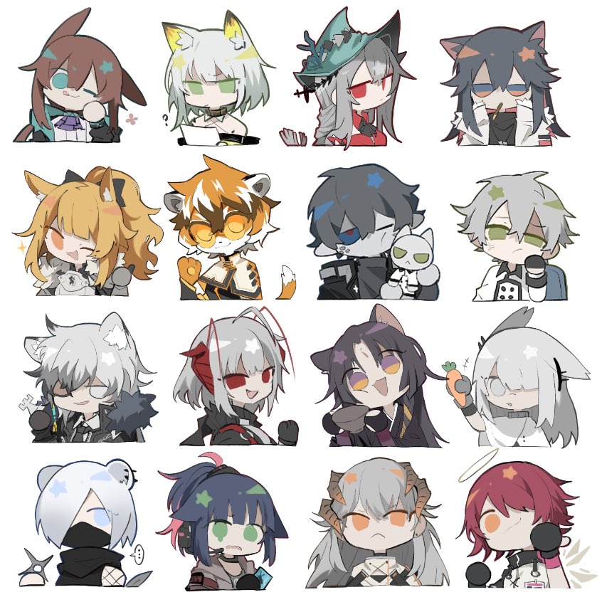 ..., 3boys, 6+girls, :<, :q, ?, ahoge, amiya_(arknights), anger_vein, animal_ear_fluff, animal_ears, aqua_headwear, arknights, armor, ascot, black_ascot, black_bow, black_choker, black_gloves, black_hair, black_jacket, black_necktie, black_scarf, black_shirt, blemishine_(arknights), blonde_hair, blue_ascot, blue_eyes, blue_hair, bow, bowl, brown_hair, brown_jacket, cape, carrot, cat_ears, character_doll, chibi, choker, coat, colored_skin, criss-cross_halter, cropped_torso, crying, demon_horns, dog_ears, doll, dragon_horns, dress, ear_piercing, eating, exusiai_(arknights), facial_mark, fang, faust_(arknights), fishnet_sleeves, fishnets, food, forehead_mark, frostnova_(arknights), fur-trimmed_cape, fur-trimmed_coat, fur_trim, furry, furry_female, glasses, gloves, green_eyes, green_hair, grey_hair, grey_skin, hair_between_eyes, hair_bow, hair_ornament, hair_over_one_eye, halo, halterneck, hand_up, hat, headset, holding, holding_bowl, holding_carrot, holding_money, holding_shuriken, holding_weapon, horns, horse_ears, jacket, jessica_(arknights), kal'tsit_(arknights), long_hair, looking_at_viewer, mask, mephisto_(arknights), money, mouth_hold, mouth_mask, multicolored_hair, multiple_boys, multiple_girls, necktie, no_mouth, off_shoulder, official_alternate_costume, one_eye_closed, open_clothes, open_coat, open_jacket, orange_eyes, orange_hair, partially_fingerless_gloves, piercing, pink_hair, pocky, pointy_ears, ponytail, portrait, red_dress, red_eyes, red_hair, rhodes_island_logo_(arknights), saga_(arknights), saria_(arknights), scarf, shirayuki_(arknights), shirt, short_hair, shuriken, sidelocks, silverash_(arknights), simple_background, skadi_(arknights), skadi_the_corrupting_heart_(arknights), snow_leopard_ears, south_ac, spoken_ellipsis, straight-on, streaked_hair, tail, texas_(arknights), texas_(winter_messenger)_(arknights), thumbs_up, tiger_ears, tiger_girl, tiger_tail, tinted_eyewear, tongue, tongue_out, w_(arknights), waai_fu_(arknights), wavy_mouth, weapon, weasel_ears, white_background, white_hair, white_shirt, winter_clothes, winter_coat, wolf_ears, yellow_eyes
