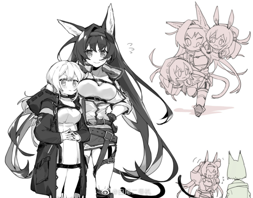 4girls, :q, amiya_(arknights), animal_ears, arknights, arm_around_another's_waist, baiwei_er_hao_ji, belt, blaze_(arknights), blush, breasts, carrying, carrying_over_shoulder, carrying_person, carrying_under_arm, cat_ears, commentary_request, doctor_(arknights), dress, extra_ears, feet_out_of_frame, female_doctor_(arknights), fingerless_gloves, fingers_together, flying_sweatdrops, gloves, greyscale, hairband, head_bump, hood, hood_down, hooded_jacket, infection_monitor_(arknights), jacket, kal'tsit_(arknights), large_breasts, long_hair, medium_breasts, monochrome, multiple_belts, multiple_girls, one_eye_closed, open_clothes, open_jacket, pocket, ponytail, rabbit_ears, running, simple_background, smile, tall_female, tearing_up, tongue, tongue_out, v-shaped_eyebrows, very_long_hair, white_background