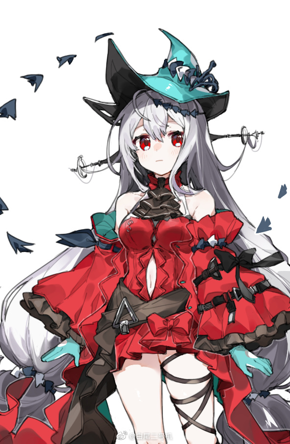 1girl, ahoge, aqua_gloves, aqua_hat, arknights, ascot, baiwei_er_hao_ji, bare_shoulders