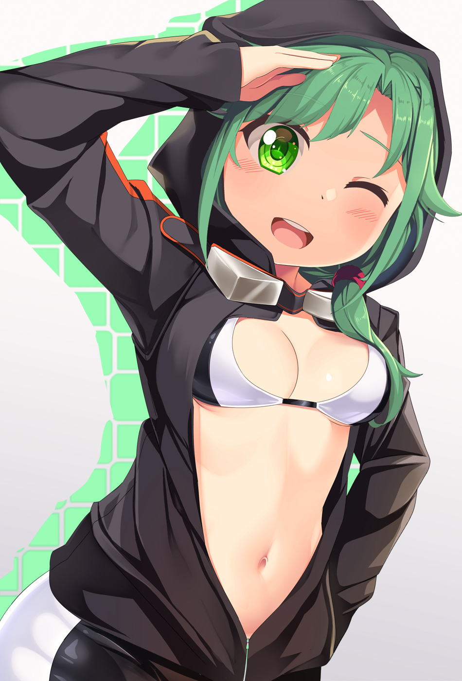 1girl, ;d, arm_up, bike_shorts, bikini, bikini_top_only, black_bikini, black_jacket, blush, breasts, cleavage, colored_shadow, commentary_request, cosplay, cowboy_shot, digimon, digimon_world_re:digitize, dropping, goggles, goggles_around_neck, green_eyes, green_hair, hair_over_shoulder, hand_on_own_hip, highres, hood, hood_up, hooded_jacket, jacket, kantai_collection, long_hair, long_sleeves, looking_at_viewer, matsu_(kancolle), midriff, multicolored_bikini, navel, one_eye_closed, open_mouth, parted_bangs, partially_unzipped, print_jacket, salute, shadow, shinomiya_rina, shinomiya_rina_(cosplay), sidelocks, smile, solo, standing, swimsuit, two-tone_bikini, white_background, white_bikini, yasume_yukito, zipper, zipper_pull_tab