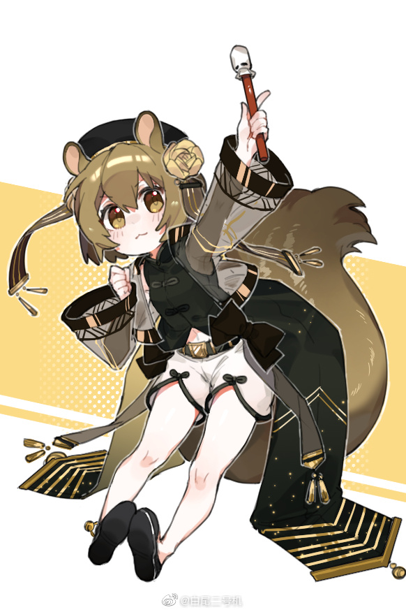 1girl, :3, ambience_synesthesia, animal_ears, arknights, baiwei_er_hao_ji, baton, belt, beret, black_belt, black_footwear, black_hat, black_shirt, brown_eyes, brown_hair, chinese_clothes, chinese_commentary, commentary_request, flower, full_body, hair_flower, hair_ornament, hat, holding, holding_instrument, instrument, light_blush, looking_at_viewer, official_alternate_costume, shaw_(ambience_synesthesia)_(arknights), shaw_(arknights), shirt, short_hair, shorts, simple_background, solo, squirrel_ears, squirrel_girl, squirrel_tail, tail, two-tone_background, white_background, white_shorts, yellow_background
