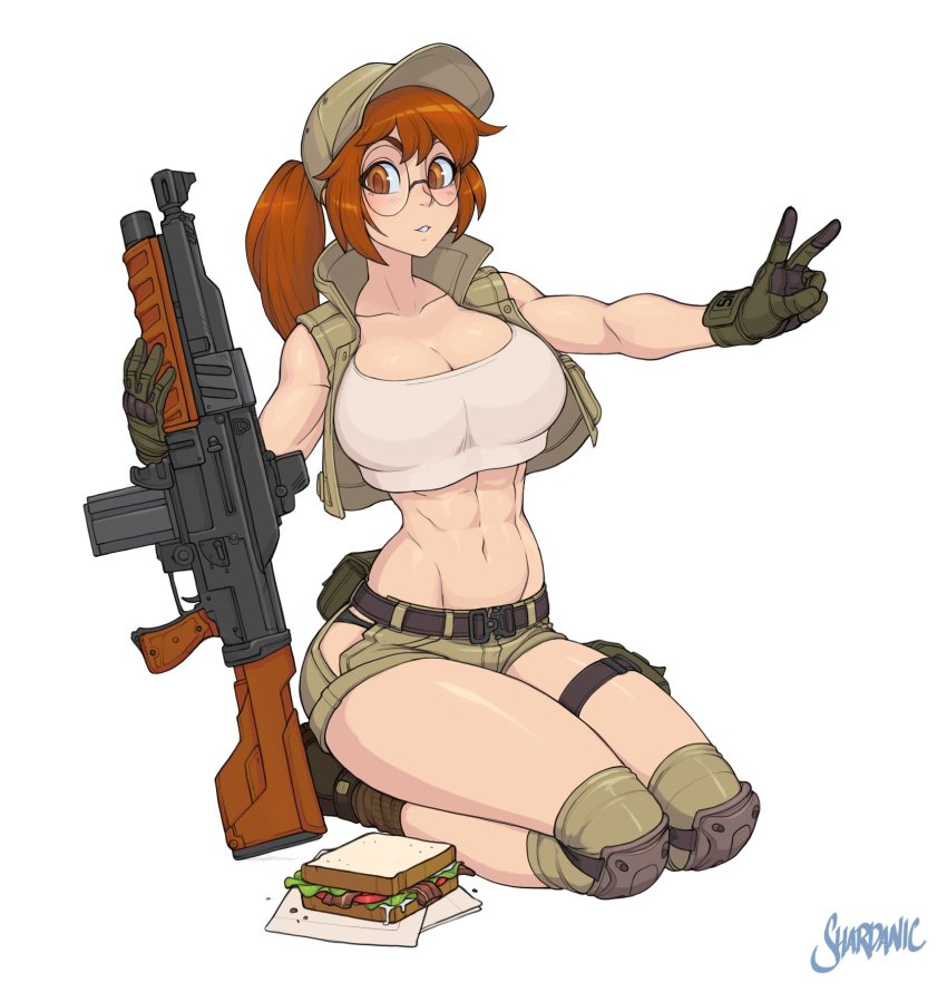 1girl, abs, assault_rifle, bare_legs, black_gloves, boots, breasts, brown_eyes