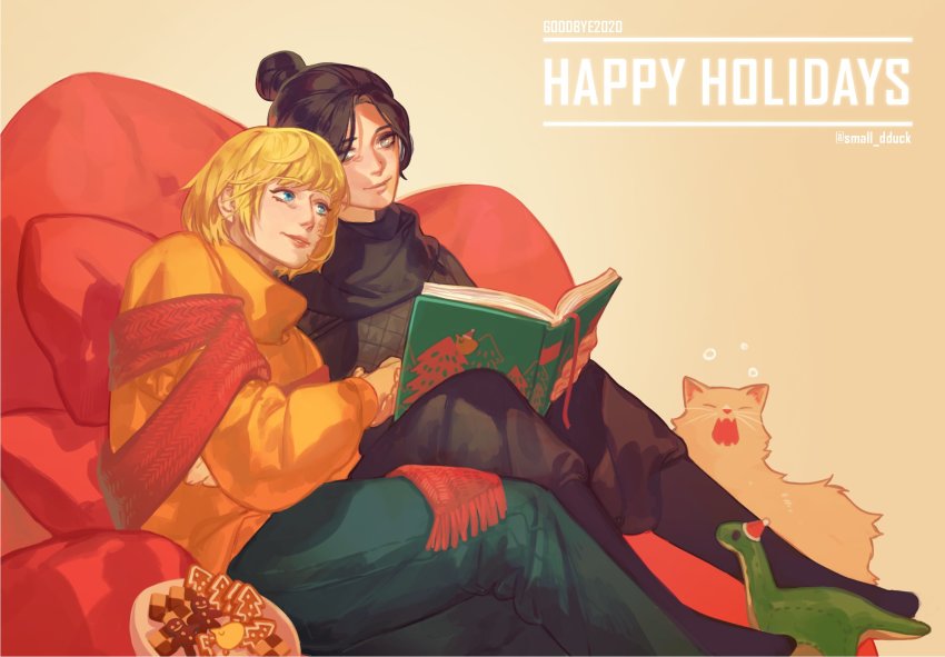 2girls, apex_legends, black_pants, black_scarf, blonde_hair, blue_pants, book, cat, cookie, facial_scar, food, gingerbread_man, grey_sweater, hair_bun, happy_holidays, hat, highres, holding, holding_book, holding_hands, korean_commentary, looking_down, looking_to_the_side, looking_up, multiple_girls, nessie_(respawn), nikola_(apex_legends), orange_sweater, pants, parted_lips, santa_hat, scar, scar_on_cheek, scar_on_face, scarf, short_hair, single_hair_bun, small_dduck, smile, stuffed_toy, sweater, twitter_username, wattson_(apex_legends), whiskers, wraith_(apex_legends), yawning, yuri