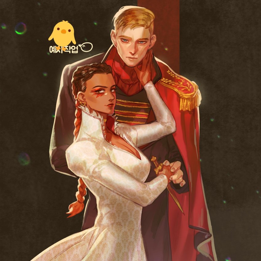 1boy, 1girl, alternate_costume, apex_legends, black_jacket, blonde_hair, blue_eyes, braid, breasts, brown_hair, capelet, cleavage, commentary, dark-skinned_female, dark_skin, dress, english_commentary, eyeshadow, gradient_hair, hair_behind_ear, highres, holding, holding_hands, holding_knife, jacket, kaleb_cross, knife, loba_(apex_legends), long_hair, looking_at_viewer, makeup, medium_breasts, multicolored_hair, red_capelet, red_eyeshadow, red_hair, revenant_(apex_legends), small_dduck, twin_braids, undercut, white_dress