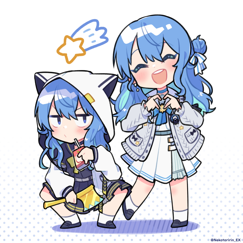 2girls, absurdres, axe, blue_eyes, blue_hair, blush, chibi, closed_eyes