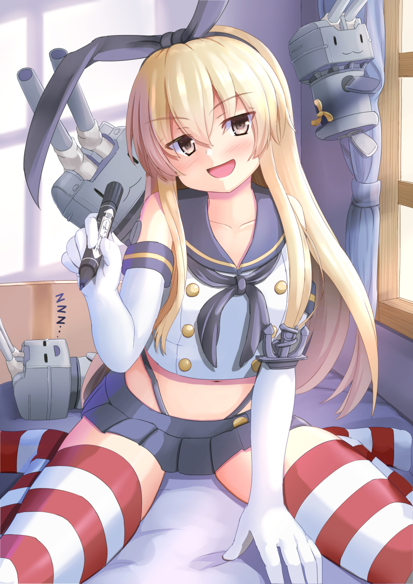 1girl, anchor_hair_ornament, black_hairband, black_panties, blonde_hair, blue_skirt, crop_top, elbow_gloves