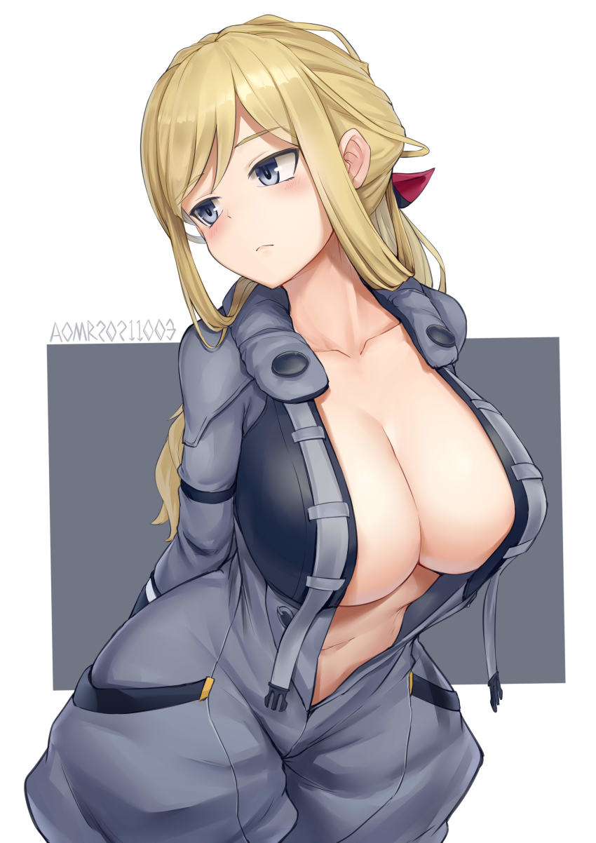 1girl, absurdres, alice_gear_aegis, aomoro, arms_behind_back, artist_name, blonde_hair, blush, bodysuit, border, breasts, center_opening, cleavage, closed_mouth, collarbone, commentary, cowboy_shot, dated, dated_commentary, grey_background, grey_bodysuit, grey_eyes, highres, large_breasts, long_hair, looking_away, navel, open_bodysuit, open_clothes, rita_henschel, sidelocks, simple_background, solo, standing, swept_bangs, white_border