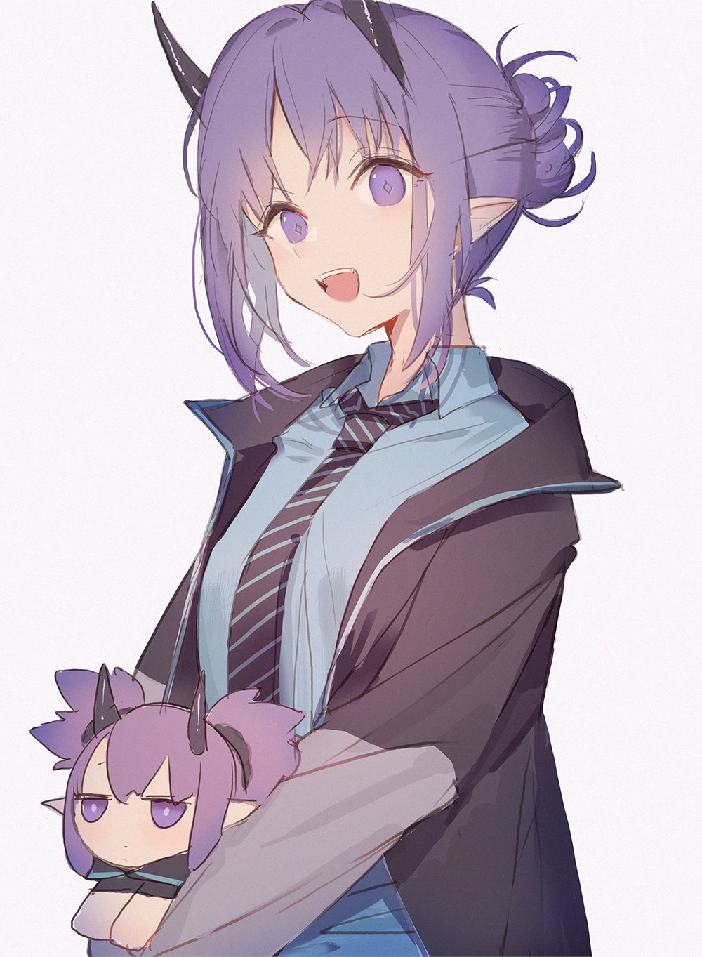 1girl, arknights, awa_iro, black_jacket, black_necktie, blue_shirt, blush, breasts