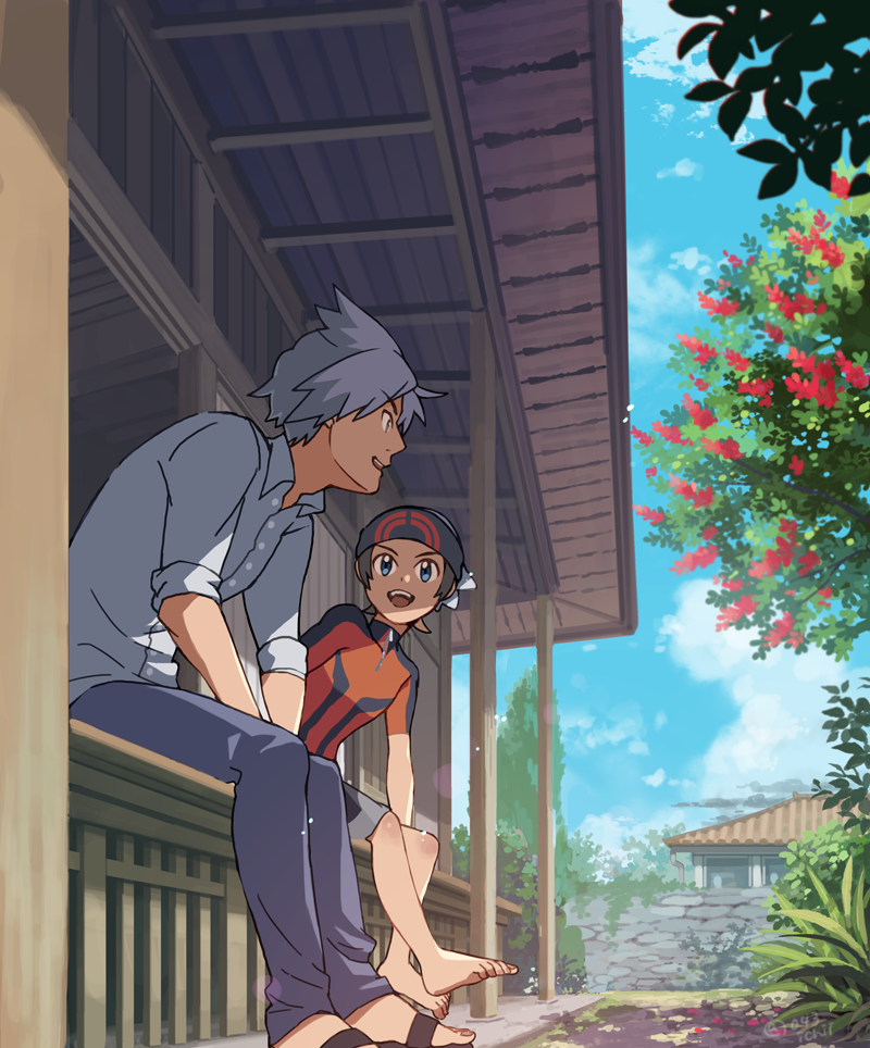 2boys, :d, bad_id, bad_pixiv_id, barefoot, beanie, blue_eyes, brendan_(pokemon)