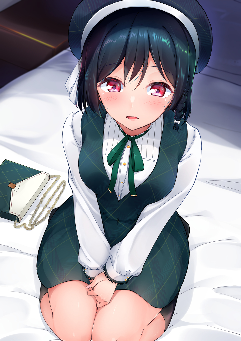 1girl, beret, blush, dark_green_hair, fang, full_body, green_vest, hair_between_eyes