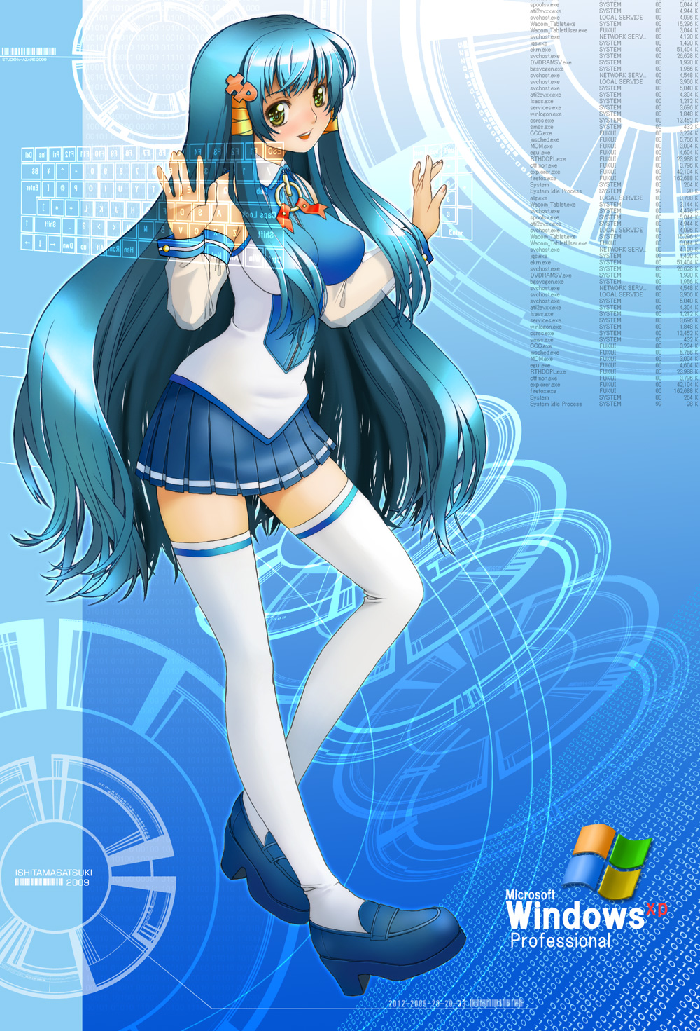 1girl, bad_id, bad_pixiv_id, blue_hair, blue_skirt, female_focus, highres, ishida_masatsuki, long_hair, os-tan, personification, skirt, solo, thighhighs, very_long_hair, white_thighhighs, xp-tan, zettai_ryouiki