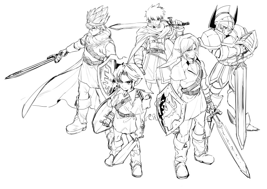 5boys, absurdres, armor, bandages, belt, boots, cape, character_request