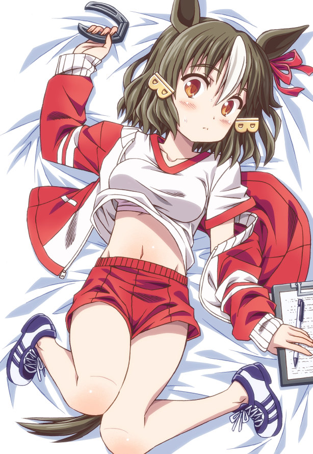 1girl, animal_ears, arihitom, bell_no_light_(umamusume), belno_light_(umamusume), black_hair, blush, chart_(object), commentary_request, gym_uniform, horse_ears, horse_tail, horseshoe, jacket, looking_at_viewer, lying, orange_eyes, pen, shorts, solo, tail, track_jacket, umamusume, umamusume:_cinderella_gray