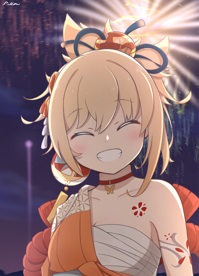 1girl, :d, ^_^, absurdres, arm_tattoo, blurry, breasts, chest_tattoo, choker, cleavage, closed_eyes, collarbone, commentary_request, depth_of_field, fireworks, genshin_impact, grin, hair_between_eyes, hair_ornament, highres, japanese_clothes, light_brown_hair, long_hair, looking_at_viewer, makuraapillow, night, obi, open_mouth, ponytail, rope, sarashi, sash, senkou_hanabi, shimenawa, sidelocks, sky, smile, solo, sparkler, tattoo, yoimiya_(genshin_impact)