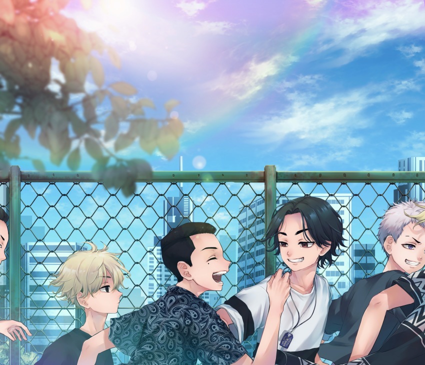 6+boys, absurdres, baji_keisuke, black_eyes, black_hair, black_shirt, blonde_hair, branch