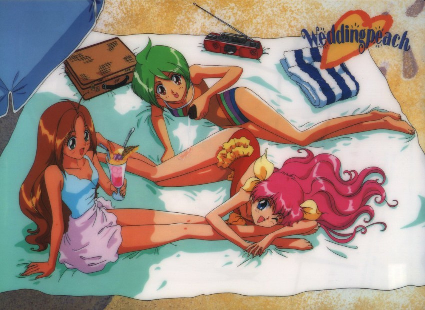 1990s_(style), 3girls, ai_tenshi_densetsu_wedding_peach, barefoot, beach, beach_umbrella, blanket, blue_eyes