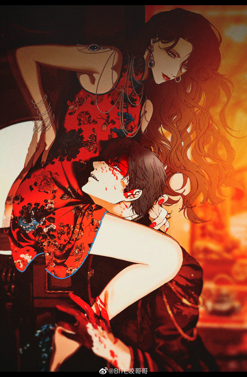 1boy, 1girl, absurdres, bare_shoulders, barefoot, bite_yaogege, black_hair, blood