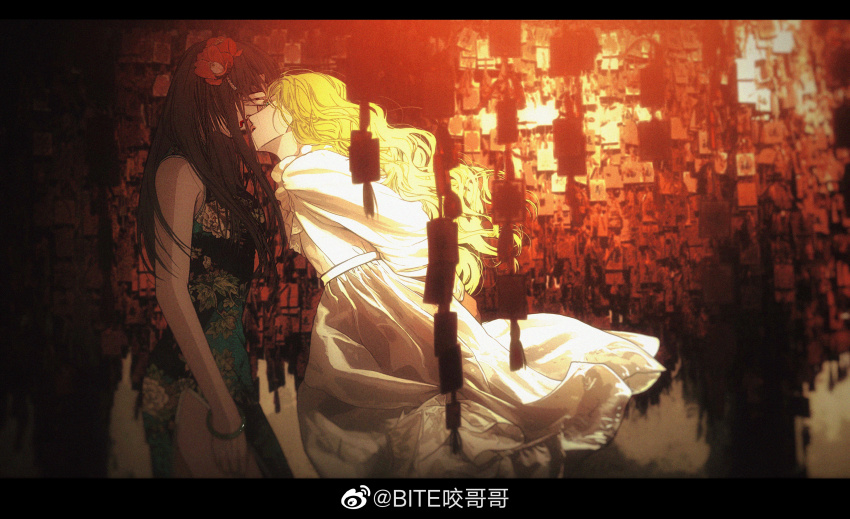 2girls, absurdres, bite_yaogege, black_hair, blonde_hair, china_dress, chinese_clothes, couple