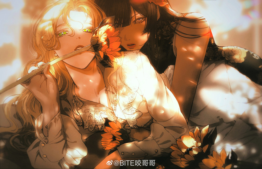 2girls, absurdres, bite_yaogege, black_hair, blunt_bangs, blurry, blurry_background, flower