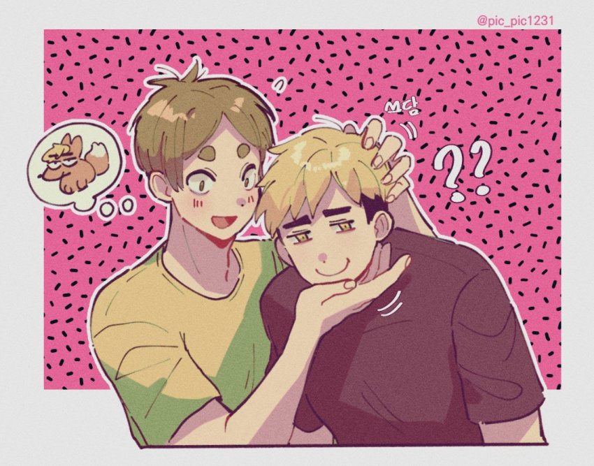 2boys, animalization, blonde_hair, blush, brown_eyes, brown_hair, cuddling, fox