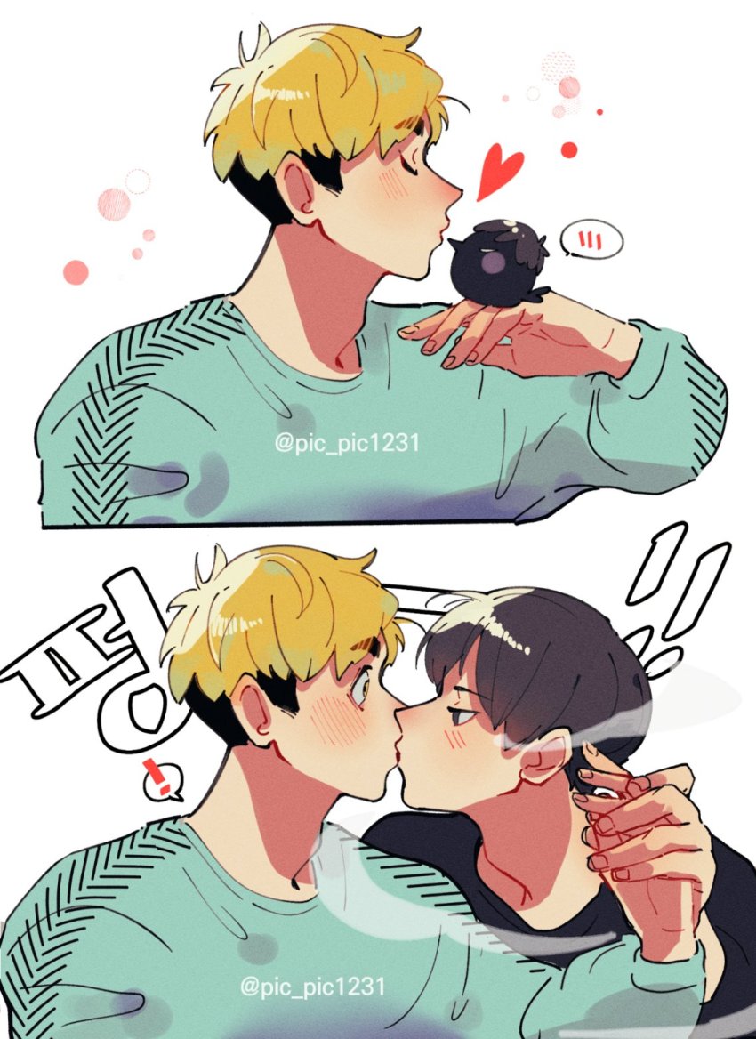 !, 2boys, animalization, bird, black_hair, blonde_hair, blush, closed_eyes