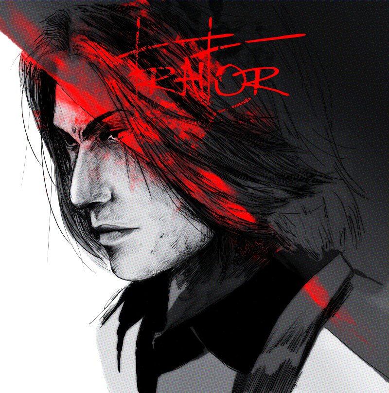 1boy, arkeresia, black_hair, black_shirt, blood, blood_on_face, glowing, greyscale