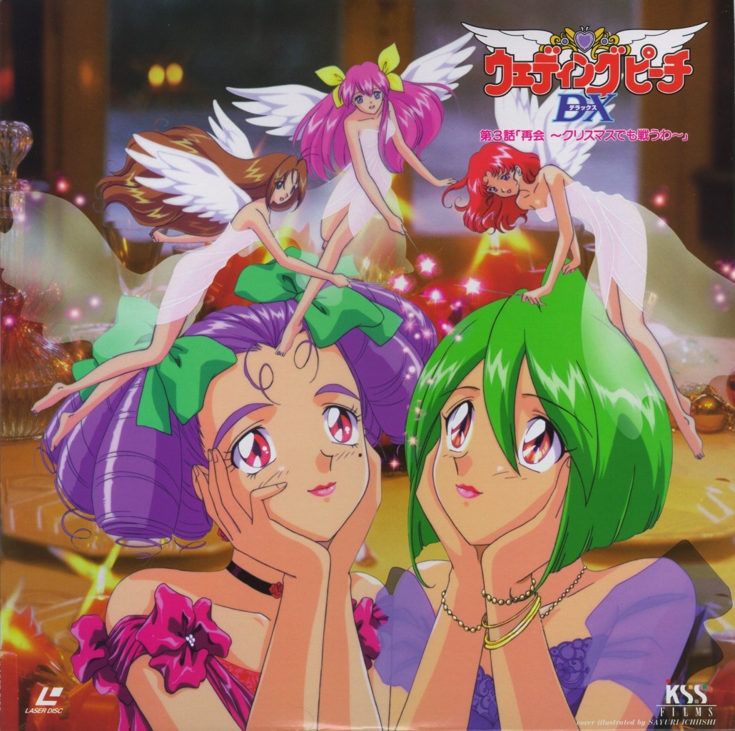 1990s_(style), 5girls, ai_tenshi_densetsu_wedding_peach, angel, bare_shoulders, bow, copyright_name, hanasaki_momoko