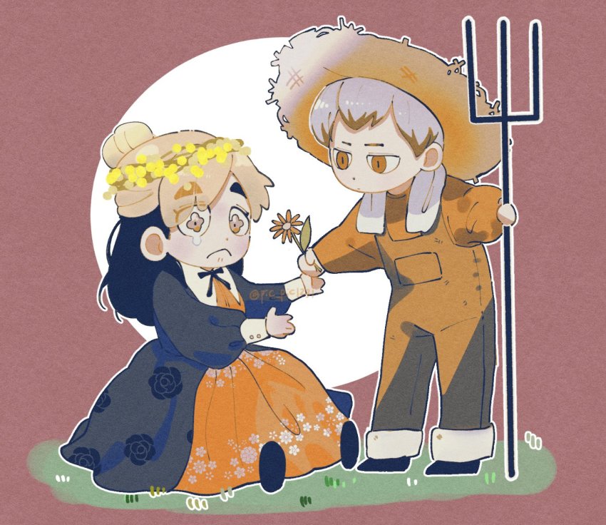 1boy, 1girl, blonde_hair, chibi, crying, crying_with_eyes_open, dress, farmer