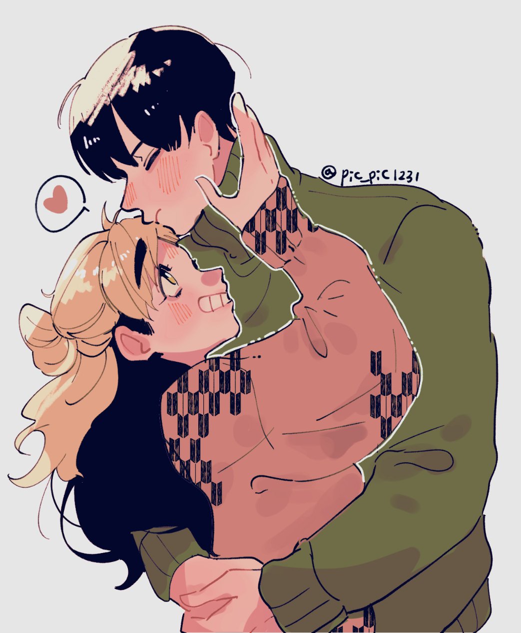 1boy, 1girl, black_hair, blonde_hair, blush, closed_eyes, genderswap, genderswap_(mtf)