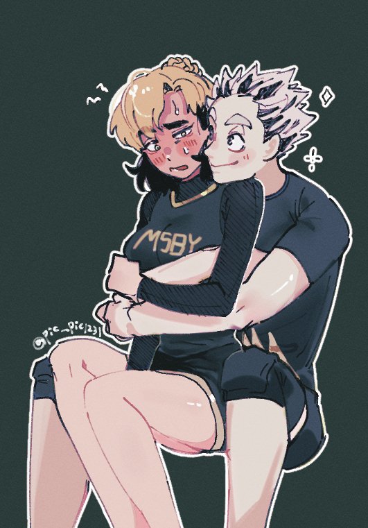 1boy, 1girl, blonde_hair, blush, bokuto_koutarou, breasts, cheerleader, full-face_blush, genderswap, genderswap_(mtf), grey_hair, haikyuu!!, hetero, hug, hug_from_behind, long_hair, looking_at_another, miya_atsumu, multicolored_hair, pic_pic1231, sitting, smile, sportswear, sweatdrop, two-tone_hair, volleyball_uniform