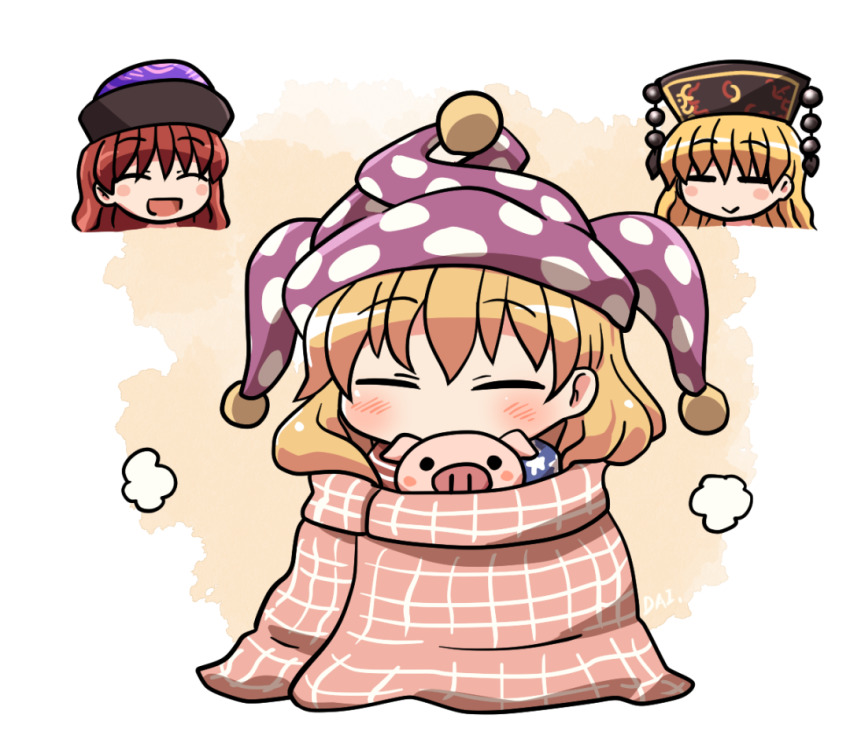 3girls, animal, animal_ears, black_headwear, blonde_hair, blush, chibi, closed_eyes