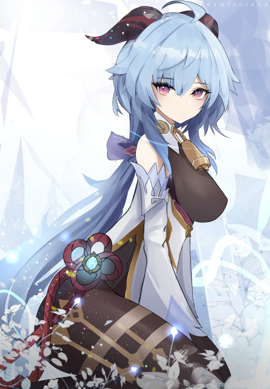 ahoge, bare_shoulders, bell, black_legwear, blue_hair, bow, breasts, chinese_knot