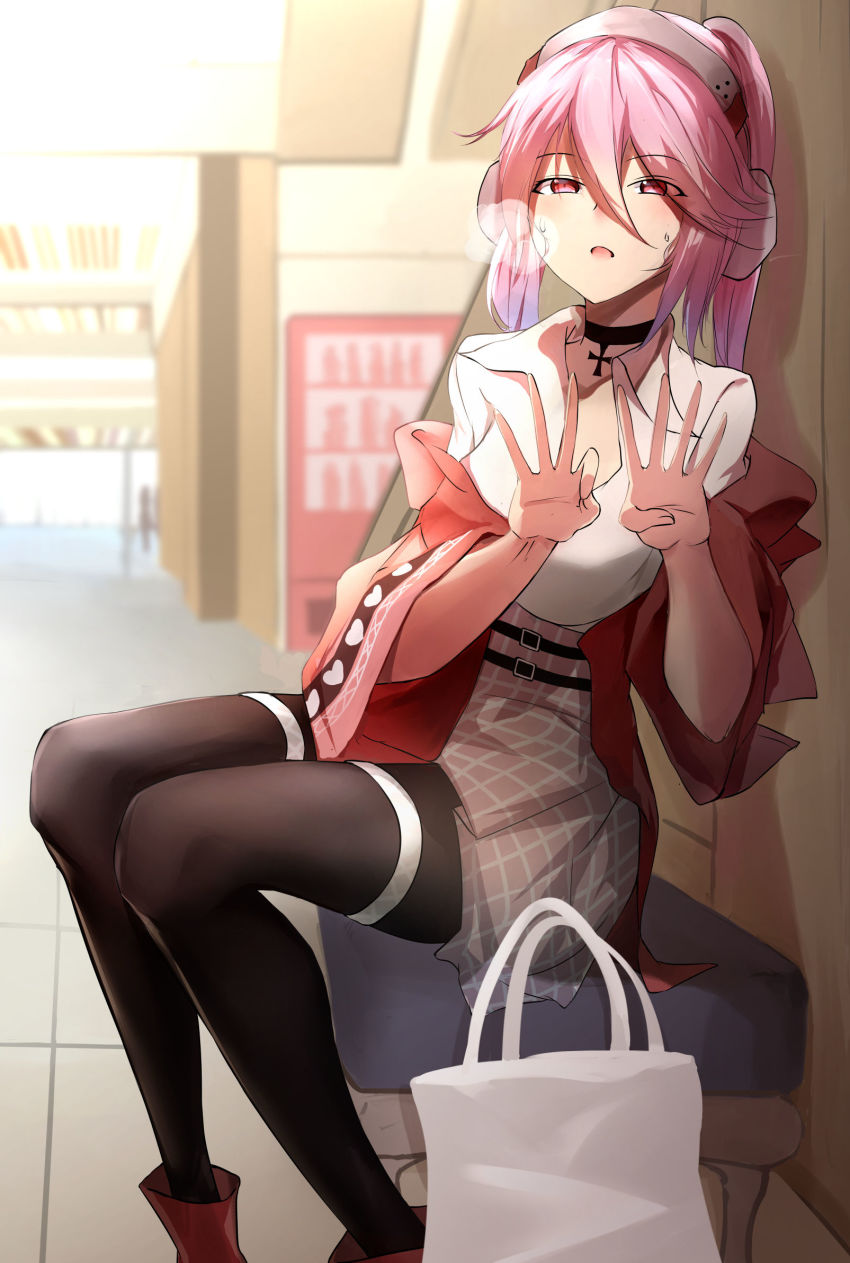 1girl, bag, black_choker, black_pantyhose, blush, choker, cross, cross_necklace