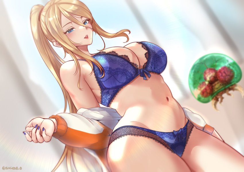 1girl, bare_shoulders, blonde_hair, blue_bra, blue_eyes, blue_panties, bra, breasts, cleavage, highres, large_breasts, lingerie, metroid, metroid_(creature), metroid_larva, nail_polish, navel, nintendo, off_shoulder, panties, partially_undressed, ponytail, samus_aran, thick_thighs, thighhighs, thighs, tinnies, underwear, undressing