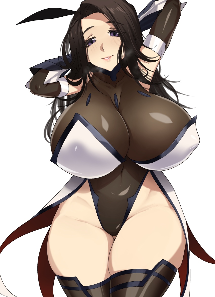 1girl, absurdres, armor, armpit_peek, armpits, arms_behind_head, arms_up, bare_shoulders, black_gloves, black_ribbon, black_thighhighs, blush, bodystocking, breasts, brown_hair, collarbone, cosplay, covered_collarbone, covered_erect_nipples, covered_navel, cowboy_shot, elbow_gloves, female_focus, forehead, gauntlets, gloves, hair_ribbon, highleg, highleg_leotard, highres, huge_breasts, idolmaster, idolmaster_cinderella_girls, kumako_(kumakonoh), leotard, long_hair, looking_at_viewer, mizuki_shiranui, mizuki_shiranui_(cosplay), pink_lips, purple_eyes, ribbon, simple_background, skindentation, solo, taimanin_(series), taimanin_yukikaze, takahashi_reiko, thick_thighs, thigh_gap, thighhighs, thighs, thong_leotard, white_background, wide_hips