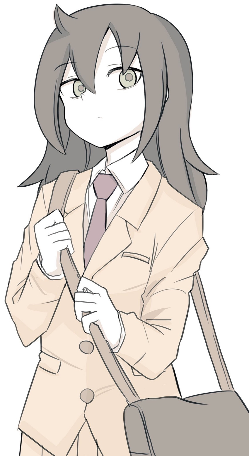 1girl, bag, black_hair, brown_bag, buttons, closed_mouth, colored_skin, grey_eyes, hair_between_eyes, harasunosioyaki, highres, holding, holding_bag, jacket, long_sleeves, looking_at_viewer, looking_down, medium_hair, necktie, okada_akane, pocket, red_necktie, school_uniform, shirt, simple_background, solo, upper_body, watashi_ga_motenai_no_wa_dou_kangaetemo_omaera_ga_warui!, white_background, white_shirt, white_skin, yellow_jacket