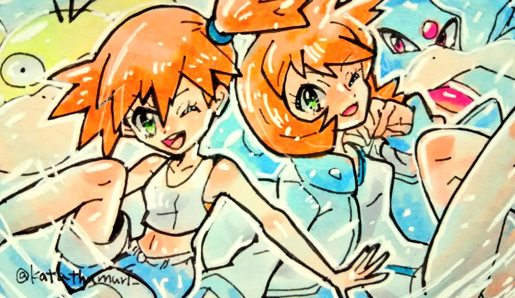 2girls, ass, asymmetrical_hair, bare_legs, breasts, cowboy_shot, gen_1_pokemon, golduck, green_eyes, gym_leader, katathumuri, legs, looking_at_viewer, misty_(pokemon), multiple_girls, navel, nintendo, one-piece_swimsuit, orange_hair, pokemon, pokemon_(creature), pokemon_heartgold_and_soulsilver, pokemon:_let's_go_pikachu!_and_let's_go_eevee!, ponytail, psyduck, shirt, short_hair, short_shorts, shorts, side_ponytail, smile, solo, swimsuit, white_one-piece_swimsuit, white_shirt