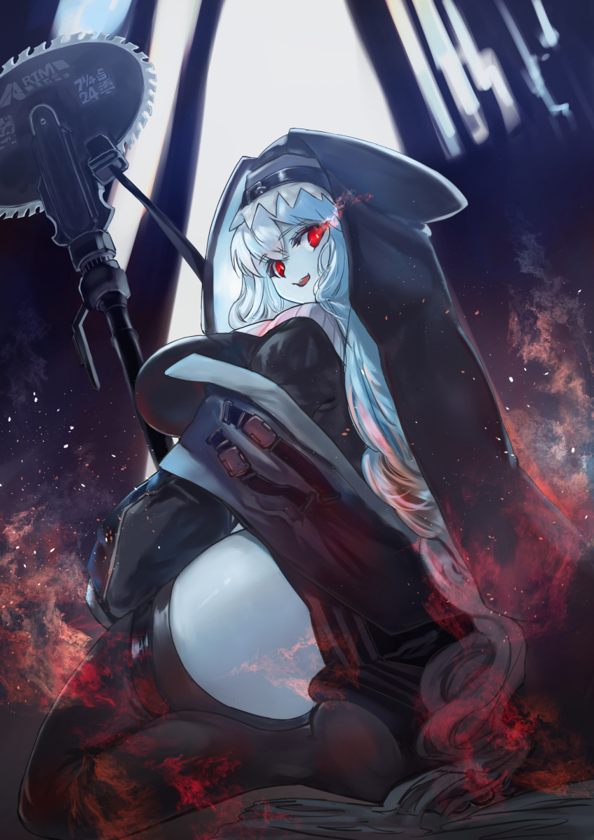 1girl, :d, arknights, ass, aya_tarou, black_dress, black_headwear, black_thighhighs