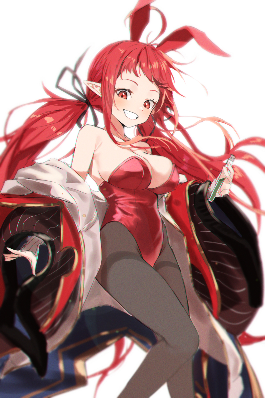 1girl, :d, absurdres, ahoge, alternate_breast_size, animal_ears, bare_shoulders, black_pantyhose