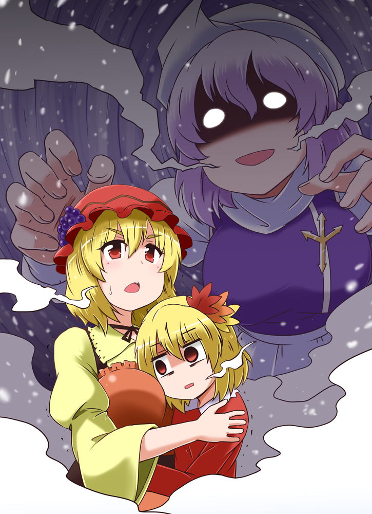 3girls, aki_minoriko, aki_shizuha, black_skirt, blonde_hair, blue_dress, breast_envy, breasts