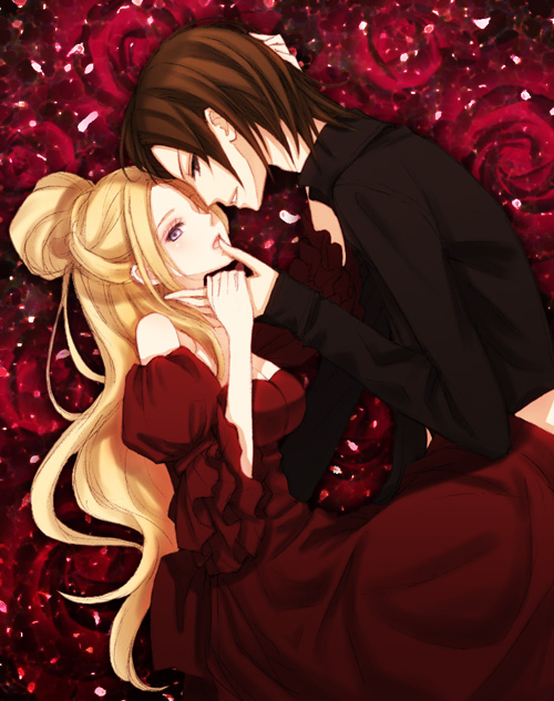 1boy, 1girl, animification, blonde_hair, brown_hair, dress, flower, franz_liszt, marie_d'agoult, momoyuki_kotori, purple_eyes, real_life, real_life_insert, rose