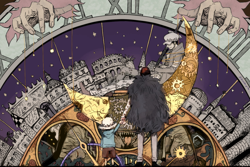 2boys, asapbn, bartolomeo, building, cavendish_(one_piece), clock, clockwork, coat