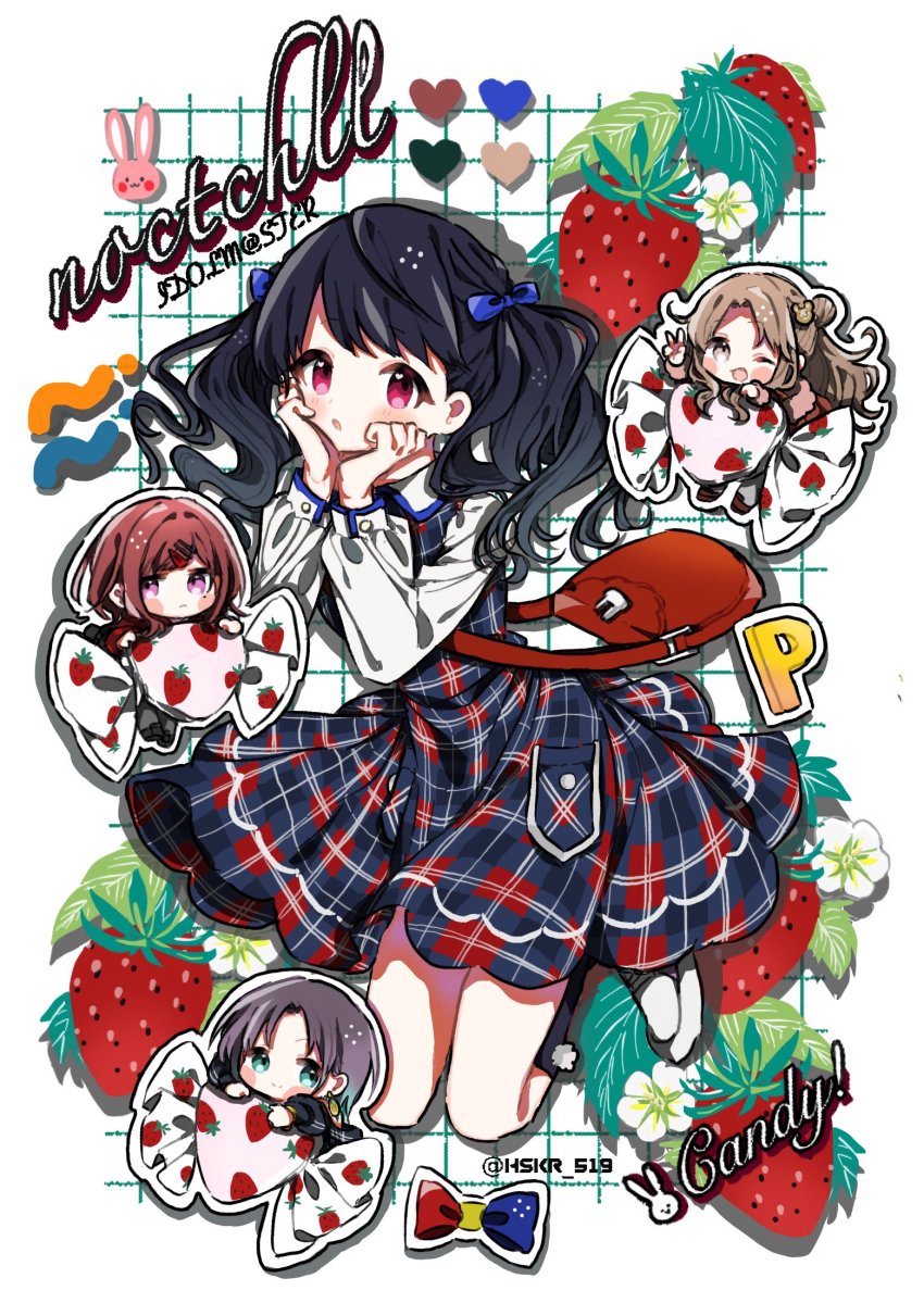 4girls, asakura_toru, bag, black_hair, blue_ribbon, brown_eyes, brown_hair, candy