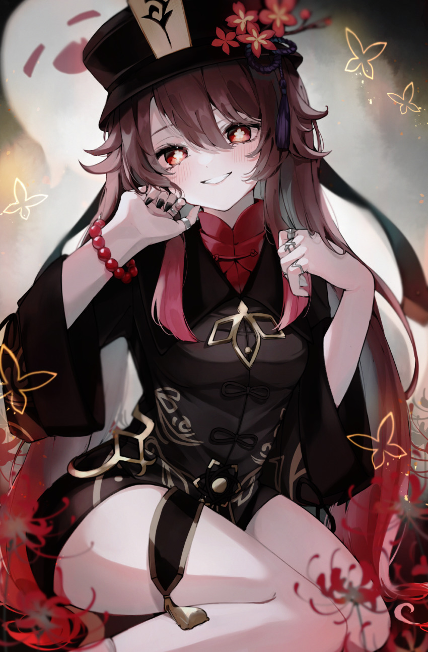 1girl, black_hat, blouse, blush, brown_hair, commentary_request, flower, flower-shaped_pupils