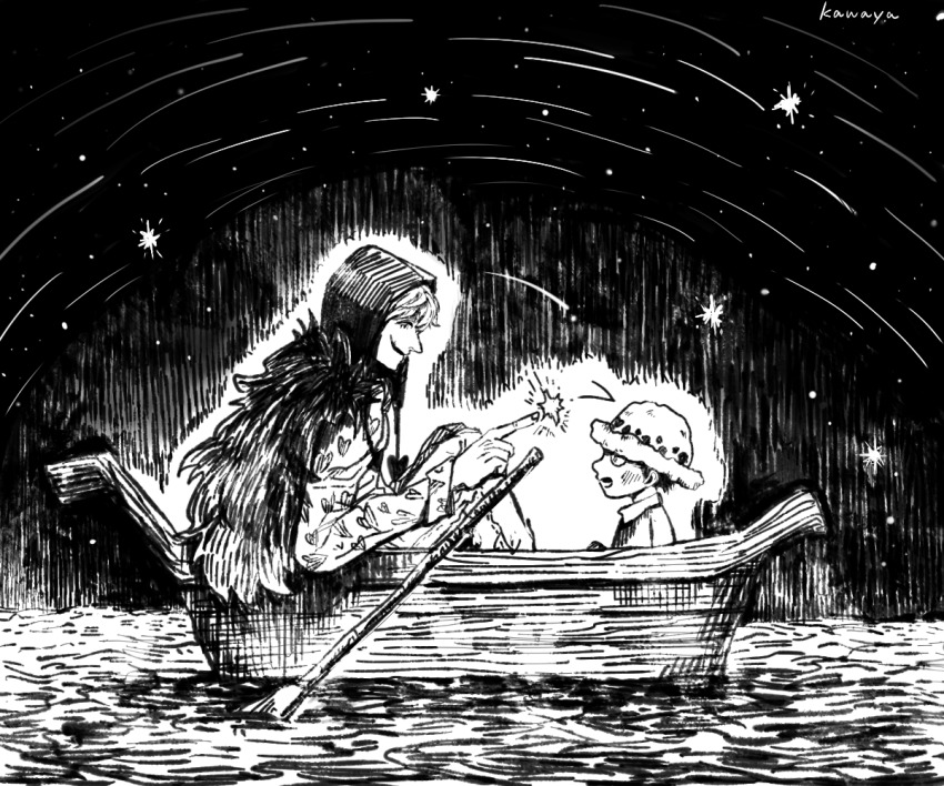 2boys, asapbn, boat, donquixote_rocinante, fur_hat, greyscale, hat, headwear_request