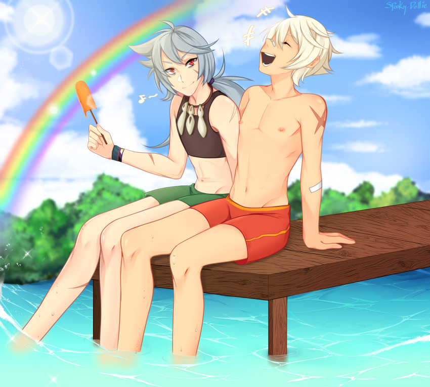 2boys, absurdres, bandaid, bandaid_on_arm, bandaid_on_face, bandaid_on_nose, bennett_(genshin_impact), binder, blurry, blurry_background, closed_eyes, cloud, crop_top, dock, food, from_side, genshin_impact, green_male_swimwear, green_swim_trunks, grey_hair, hanging_legs, highres, holding, holding_food, in_water, lake, long_hair, looking_at_another, looking_to_the_side, male_swimwear, midriff, multiple_boys, navel, open_mouth, partially_submerged, popsicle, rainbow, razor_(genshin_impact), red_male_swimwear, red_swim_trunks, self-upload, sitting, smile, spooky-dollie, swim_trunks, swimsuit, topless_female, topless_male, water