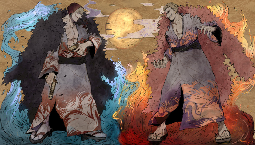 2boys, asapbn, blonde_hair, brothers, coat, donquixote_doflamingo, donquixote_rocinante, fire