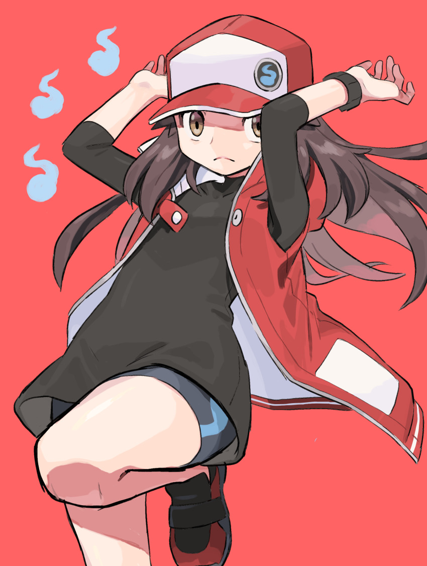 1girl, absurdres, adapted_costume, cosplay, hands_up, highres, leaf_(pokemon), looking_at_viewer