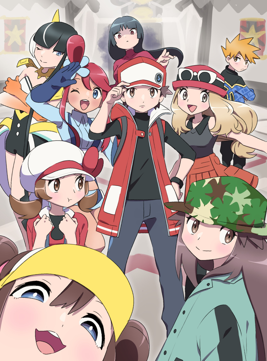 2boys, 6+girls, absurdres, alternate_color, black_hair, blonde_hair, blue_eyes, blue_oak, blue_oak_(sygna_suit), brown_eyes, brown_hair, elesa_(pokemon), elesa_(sygna_suit)_(pokemon), hat, highres, leaf_(pokemon), leaf_(sygna_suit)_(pokemon), lyra_(pokemon), multiple_boys, multiple_girls, nintendo, photobomb, pokemon, pokemon_black_and_white, pokemon_black_2_and_white_2, pokemon_firered_and_leafgreen, pokemon_heartgold_and_soulsilver, pokemon_masters_ex, pokemon_x_and_y, pumpkinpan, red_(pokemon), red_(pokemon_frlg), red_(sygna_suit)_(pokemon), red_eyes, rosa_(pokemon), sabrina_(pokemon), serena_(pokemon), skyla_(pokemon), sunglasses